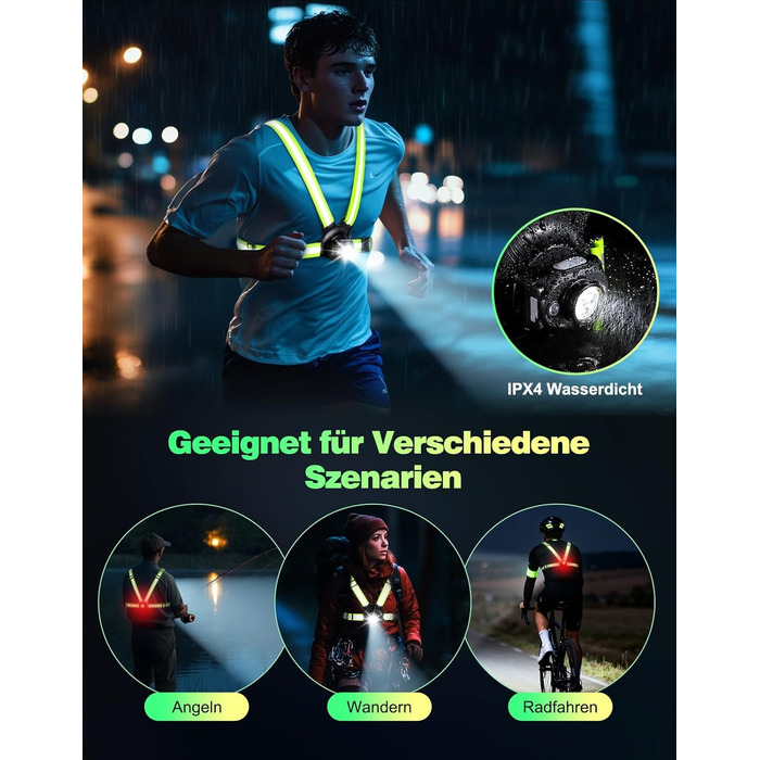 Біговий ліхтар для бігу, нагрудний ліхтар альтернатива налобному ліхтарю, 500 люмен, нахил 45, 2 кольори світла, заряджання через USB-C, IPX4, подвійний ремінець із відбивачами на 360 для кемпінгу, активного відпочинку на свіжому повітрі, їзди на велосипе