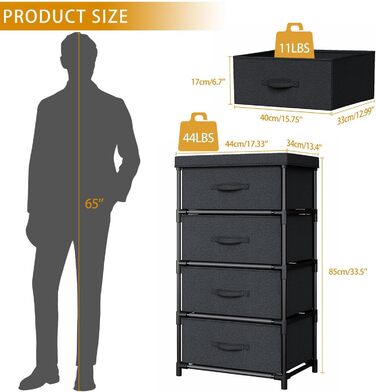 Комод, тканинний комод з 4 шухлядами, шафа для зберігання речей, комод для передпокою, спальні, вітальні та офісу - Чорний