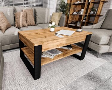 Журнальний столик з підйомною стільницею Стіл для вітальні з регульованою висотою та місцем для зберігання Сучасний чорний дубовий диванний столик Wotan з полицею та прихованим відділенням Журнальний столик для вітальні та офісу, чорний