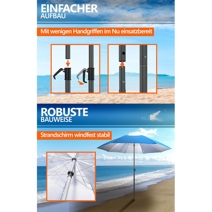 Пляжна парасолька Menz Ø 160 см - Функціональна дорожня парасолька UPF 50 для валіз - Практична, маленька складна пляжна парасолька, компактна пляжна парасолька, що поміщається у валізу, синя