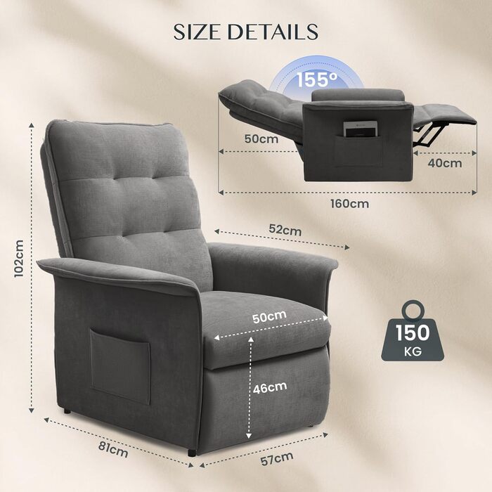Електричне крісло-реклайнер FLEXISPOT з регульованою спинкою - регульоване крісло для телевізора, крісло-реклайнер з функцією відкидання, регульована спинка 125 - 160 - розслаблююче крісло, ергономічне, темно-сірий, темно-сірий A X1 Electric