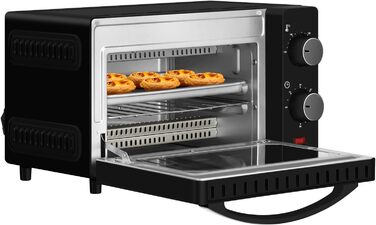 Міні-піч WANNYTON, духовка 10 л, 650 Вт, 100-230 C Таймер 0-60 хв. включно Деко для випікання Ручка для зняття решітки гриля, подвійні скляні дверцята, духовка для піци Торт Хліб, 36,5x22,28,5 см 10 л Чорний