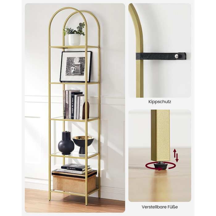 Полиця VASAGLE, 5-ярусна книжкова полиця, окремостояча полиця із загартованого скла, арочна полиця для зберігання, металевий каркас, для вітальні, спальні, кабінету, ванної кімнати, металеве золото-прозоре LGT501A01 30,2 x 40 x 183,5 см металеве золото пр