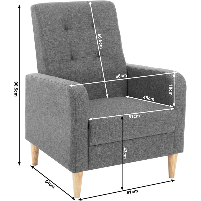 Крісло-підлокітник WOLTU з підлокітниками, ніжки з масиву дерева, підходить для вітальні, спальні або балкону, сучасне, лляний чохол, темно-сірий