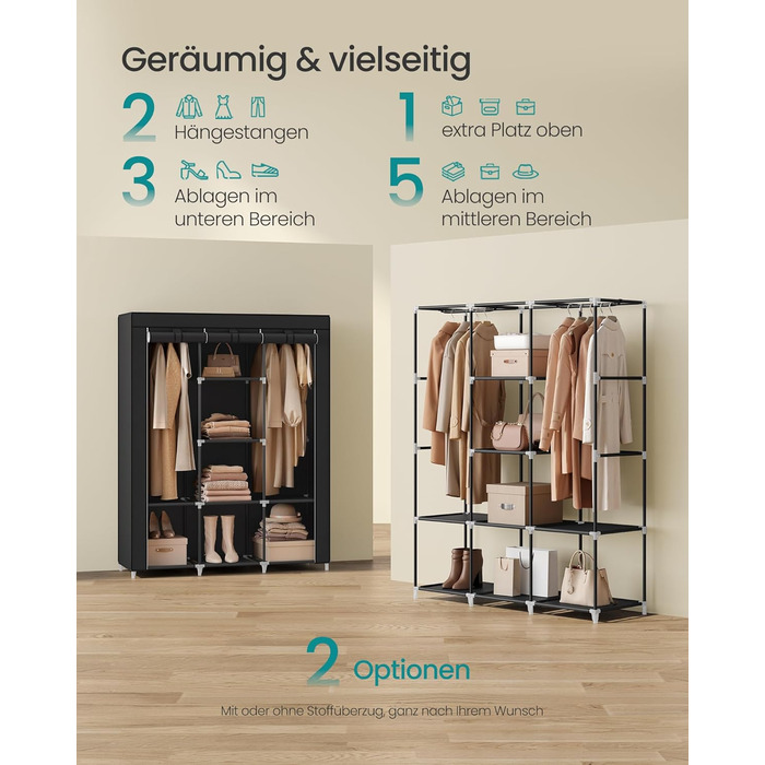 Шафа, Вішалка для одягу з нетканим покриттям, Підвісні рейки, Полиці, 45 x 130 x 168 см, Велика місткість, для спальні, вітальні, Чорнильно-чорний RYG096B01 Чорний 130 x 46 x 168 см