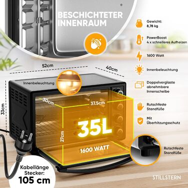 Міні-духовка Stillstern з конвекцією (35 л, версія DE, включаючи кошик для смаження) розморожування, 2-годинний таймер, рукавиці, буклет рецептів, гриль 1600 Вт, тостер гриль Піч для піци Міні-піч ідеально підходить для кемпінгу