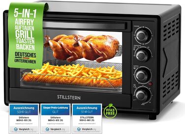 Міні-духовка Stillstern з конвекцією (45 л) Німецька версія, вставка для фритюрниці, рукавиці, буклет з рецептами, вертел, внутрішнє освітлення, 2000 Вт, тостер гриль Піч для піци Міні-піч ідеально підходить для кемпінгу