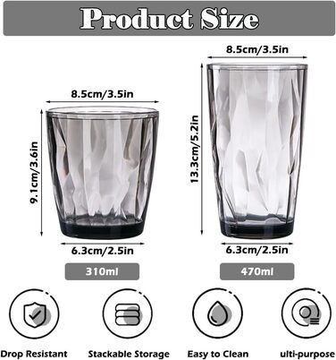 Набір склянок для води TIE-DailyNec 8 PCS, різнокольорові пластикові стакани для пиття 470 мл та 310 мл, небиткий стакан для пиття