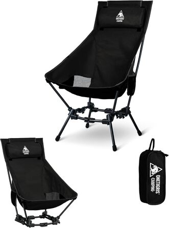Крісло для кемпінгу OneTigris DRAGONHIDE, висока спинка, складне, вантажопідйомність 125 кг, легке складне кемпінгове крісло, складне рибальське крісло з 2 боковими кишенями, надлегке складне крісло для використання на свіжому повітрі, для походів, чорне