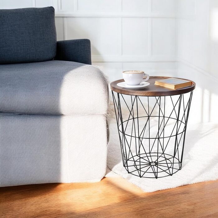 Журнальний столик Spetebo з металевим дротяним кошиком 39 см - Чорний - Стіл-кошик з коричневою стільницею під дерево - Невеликий декоративний столик з кошиком для зберігання, журнальний столик, декоративний столик з відділенням для зберігання