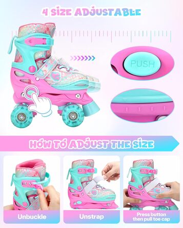 Роликові ковзани Sportneer для дівчаток, EU 23-36, райдужні роликові ковзани для дітей, 4 регульовані розміри із захисним спорядженням, роликові ковзани для початківців, подарунки на Різдво та день народження, рожеві XS (EU 23-26)
