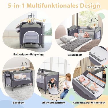 Дорожнє ліжечко з матрацом, дитяче ліжечко 5-в-1 з колесами, пеленальний килимок та музичний мобіль, дитяче ліжечко 110x76 см з сумкою для перенесення, колиска для новонароджених та немовлят (зелена)