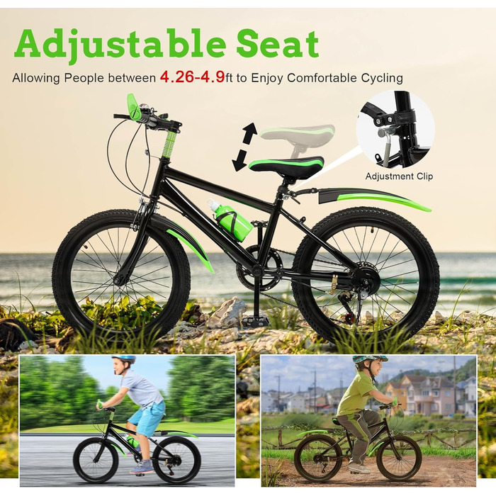 Дюймовий дитячий гірський велосипед, 7 швидкостей, для хлопчиків та дівчаток, подвійні дискові гальма, міський велосипед з вуглецевої сталі, підходить для дітей зростом 130-150 см, зелений, 20-