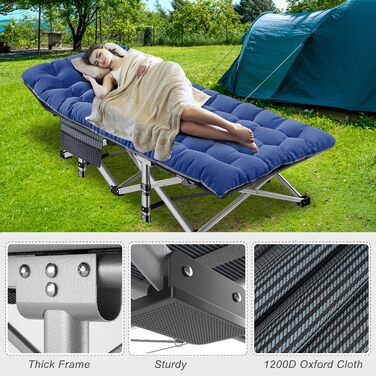 Складане туристичне ліжко з килимком Вантажопідйомність до 200 кг для міцного вуличного ліжка для дорослих, тканина Оксфорд 1200D 190x736 см, надзвичайно широке, похідне ліжко, гостьове ліжко (синє) Сині кемпінгові ліжка