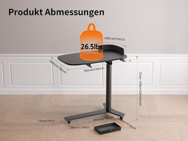 С-подібний журнальний столик, регульований по висоті з колесами, мобільний стіл з шухлядами, невеликий столик для ноутбука з регульованою висотою, пневматичний стоячий стіл для дивана, ліжко, вітальня, чорний, 75 x 45 см