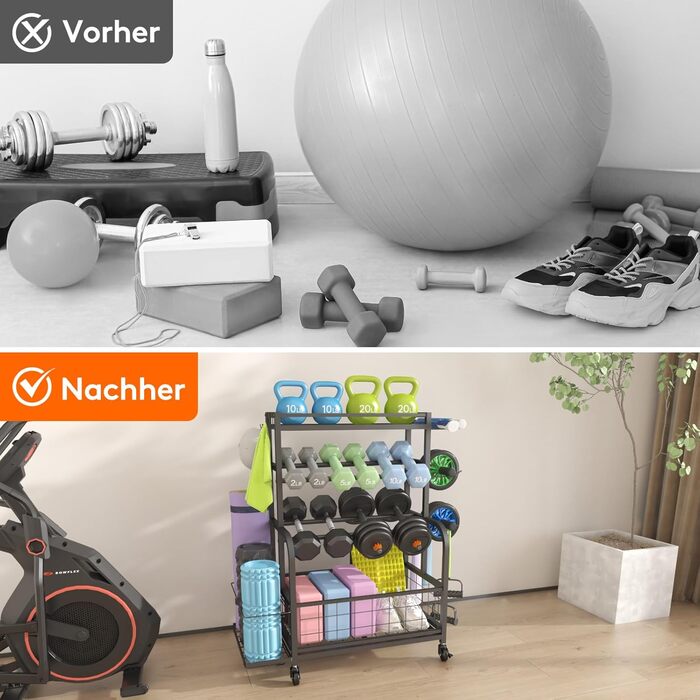 Стійка для штанг Lifewit для домашнього спортзалу, зберігання штанг із замикаючимися універсальними колесами та гачками, стійка для гир, тримач для килимка для йоги, стійка для силових тренувань, полиця для ваг для дому, гаража, середня