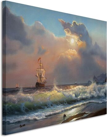 Полотно картина на підрамнику олійний живопис пляж морські хвилі вітрильник хмари полотно фреска як панорама, 120x80