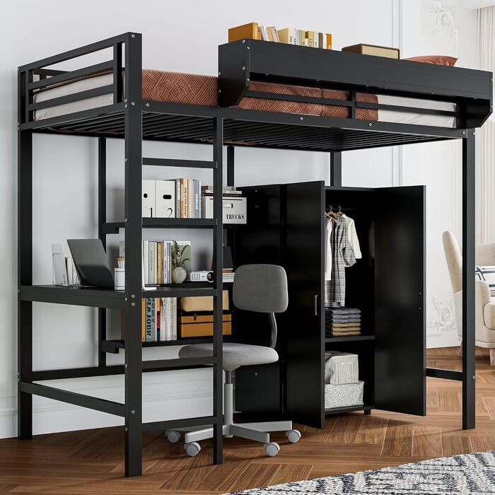 Ліжко-горище Merax 90x200 см з письмовим столом, шафою та полицею для зберігання, міцне металеве двоярусне ліжко з рейковою основою та захисними поручнями, компактне дитяче ліжко-горище, дитяче ліжко-горище, чорне 90 x 200 см, чорне - зі столом та шафою