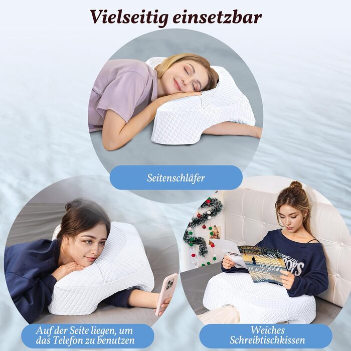Подушка SAHEYER для сну на боці з проймою, ортопедична подушка для шиї, подушка з піни з ефектом пам&39яті з чотирма регульованими підлокітниками для сну на боці, спині або животі (біла)