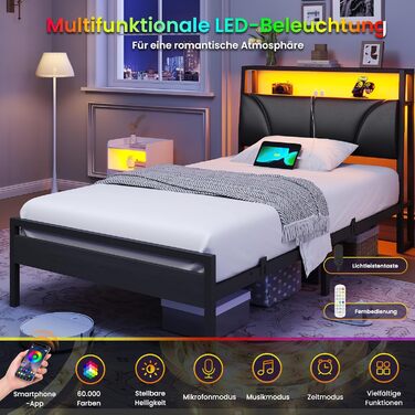 Ліжко 90x200 см з металевою рейковою основою, каркас ліжка 90x200 см зі світлодіодним підсвічуванням, дитяче ліжко 90x200 см з узголів&39ям та зарядною станцією (2 розетки змінного струму, 2 порти USB), металеве односпальне ліжко, чорне, 90x200 см