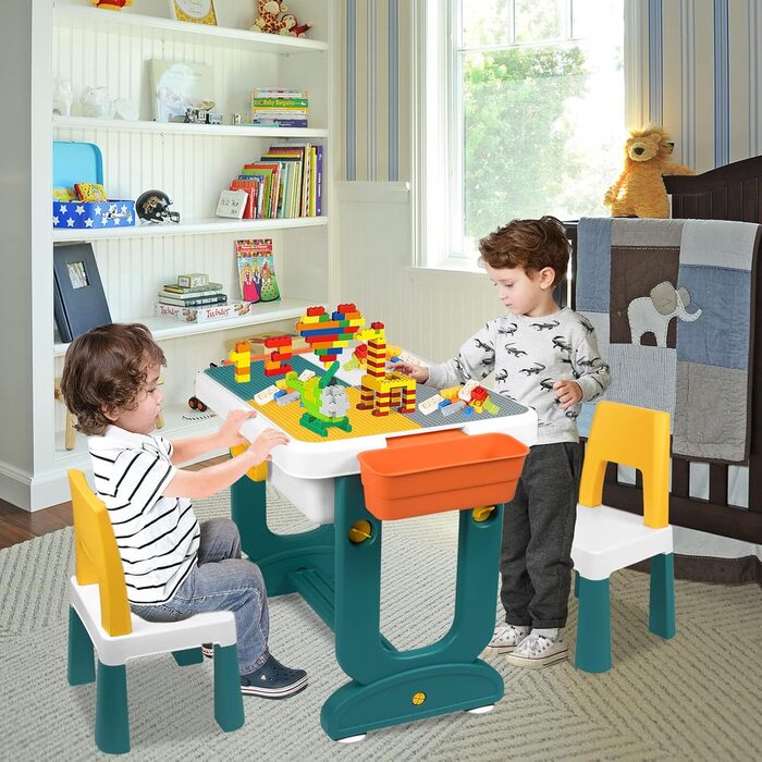 Дитячий набір столу та стільця 5-в-1 Дитячий стіл, стілець, ігровий стіл з 2 стільцями, двостороння стільниця, регульована висота, багатофункціональне місце для зберігання дітей, навчальні, ігрові, дитячі меблі, 63 x 47 x 56 см (блоки не входять до компле