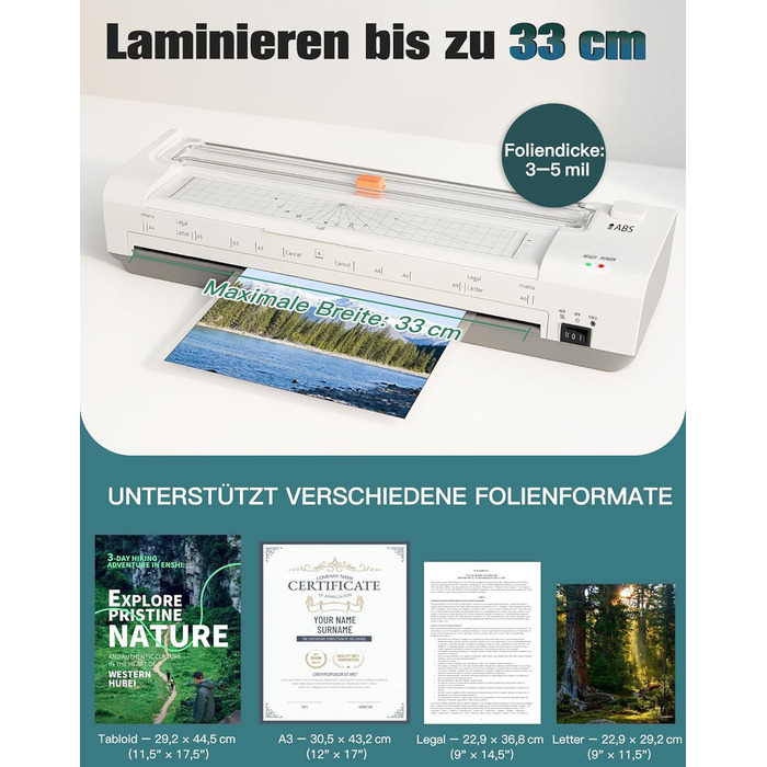 Дюймовий ламінатор A3 з автоматичною подачею паперу, гаряче та холодне ламінування A3, 20 пакетів для ламінування, комплект 10-в-1 з різаком, тримером та закруглювачем кутів для офісу, школи та дому, білий ламінатор A3, білий, 13-