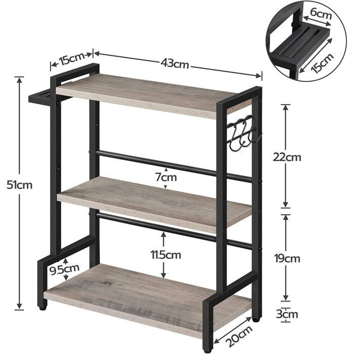 Підставка для спецій HOOBRO, кухонна полиця з 3 гачками, підставка для спецій з тримачем для ножів, настільний органайзер, регульовані ніжки, для їдальні, кухні, ванної кімнати, сіро-чорна, EBG01TL01 сірий