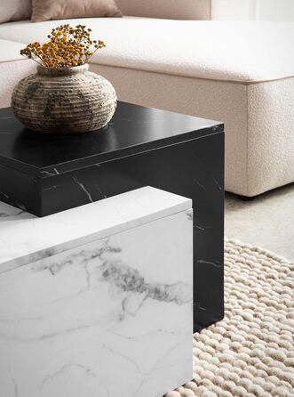 Журнальний столик FineBuy 120x60x40 см Білий Чорний Диванний столик з мармуровим виглядом Сучасний, Дизайнерський Прямокутний стіл для вітальні, Дворівневий журнальний столик, Великий журнальний столик