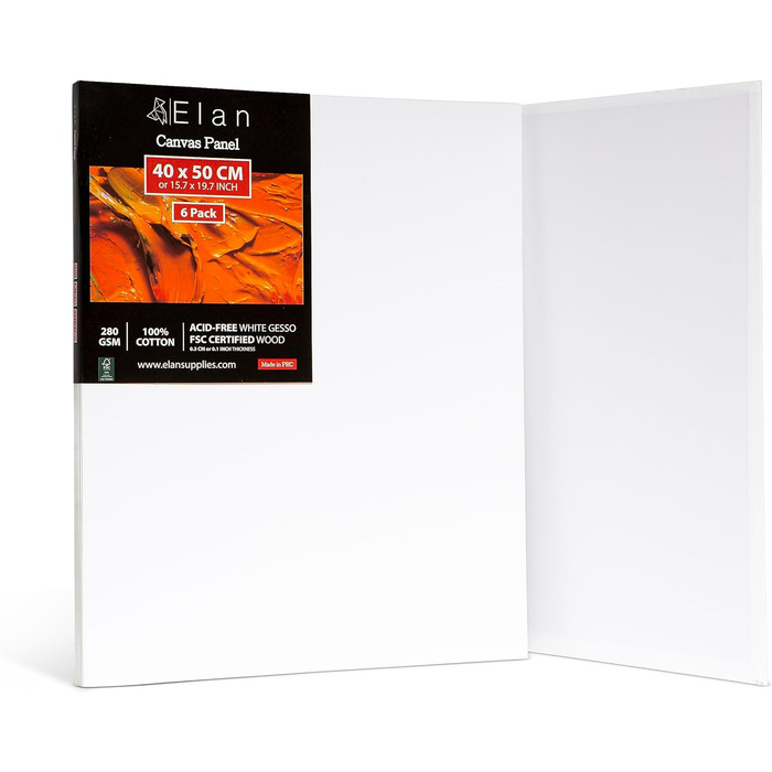 Полотно Elan Thin 40x40, 6-PACK 100 бавовняне полотно для малювання велике, Дошки для малювання для акрилових фарб, Дошка для малювання акрил, Полотно художника велике, Полотно для живопису біле, Розписні тарілки для розпису (40x50 см)