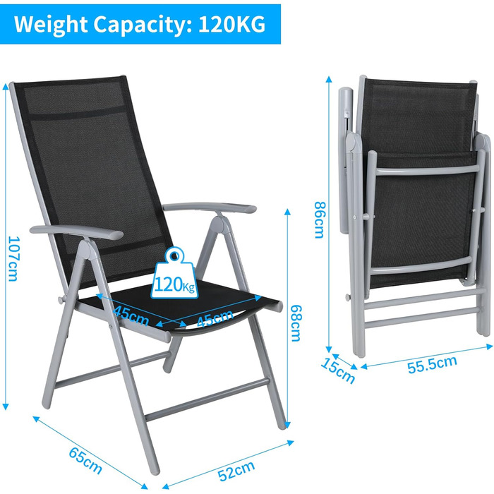 Садове крісло LIFERUN Складний з високою спинкою, набір з 2 шт. , алюміній, з регульованою спинкою в 7 напрямках, до 120 кг, легкі алюмінієві садові стільці Балконний стілець Обідній стілець Кемпінгові стільці для вулиці 2 шт. и Сріблясто-сірий