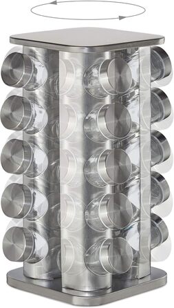 Карусель для спецій Relaxdays з 20 банками для спецій, обертається на 360, нержавіюча сталь, скло, підставка для спецій ВxГ 34 x 19 см, прямокутна, срібляста, 10032728