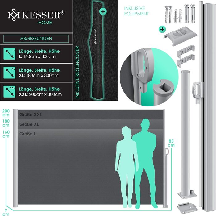 Алюмінієва бічна маркіза KESSER, розсувна та непрозора, 300 x 180 см Захист від вітру та приватності в саду з автоматичним механізмом згортання для балкона та патіо Бічна штора, включаючи дощовик з настінним кріпленням, темно-сіра, 300 x 180 см