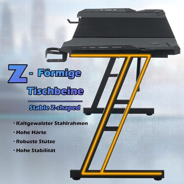 Ігровий стіл зі світлодіодним підсвічуванням 140 x 60 см, ігровий комп&39ютерний стіл з вуглецевого волокна, ігровий офісний стіл з підставкою для чашок та гачком для навушників для захопливого ігрового досвіду, чорний 140x60 см, зі світлодіодним підсвічу