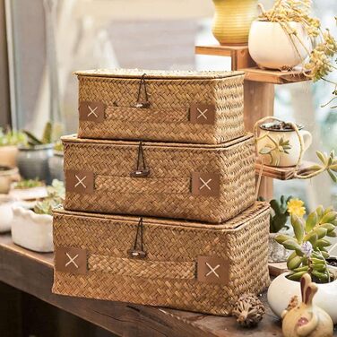 Кошик для зберігання з ротанга з кришкою, 3 шт. плетених кошиків з натуральної морської трави, багатофункціональна коробка для зберігання іграшок, косметики, туалетного паперу для ванної кімнати, велика - 3 шт. - кавового кольору