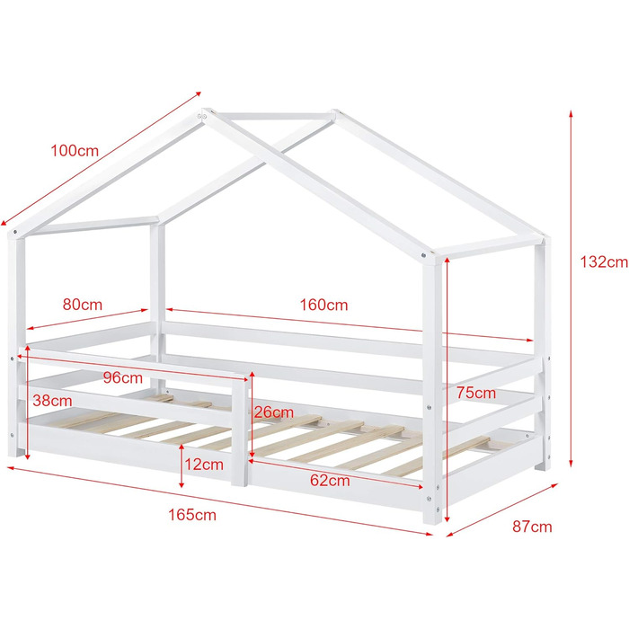 Дитяче ліжко Kntten, Ліжко-будиночок, Ліжко на підлозі, 80 x 160 см, Дерев&39яне ліжко для дітей із захистом від падіння, Каркас ліжка з рейковою основою, Сосна, Біле, 80x160 см