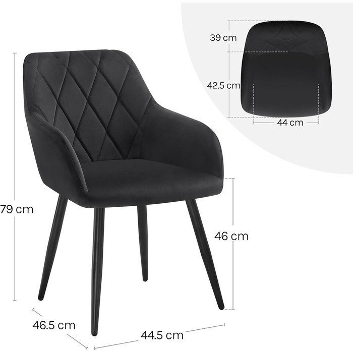 Комплект із 2 обідніх стільців з підлокітниками та спинками, для їдальні, вітальні, кухні, м&39які кухонні стільці з оксамитовим покриттям, металеві ніжки, чорний, комплект із 2 шт.