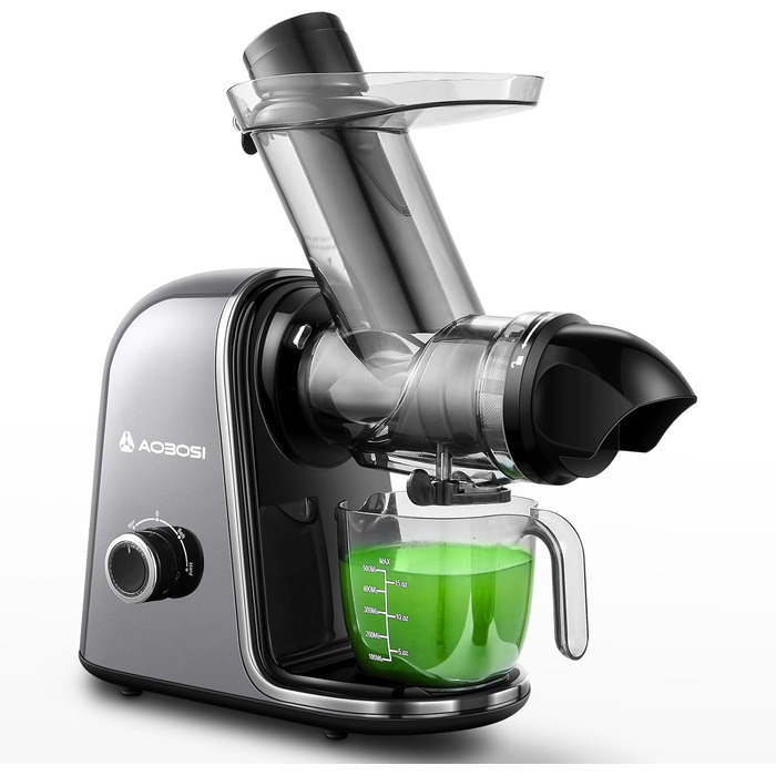 НовинкаСоковижималка AOBOSI-Повільна соковижималка з 2 швидкостями - Соковижималка для овочів і фруктів з 8 рівнями, шнекова соковижималка зі щіткою для чищення та 2 чашки соковижималки для фруктів з функцією реверсу 40 x 17 x 37 (CM) Сірий
