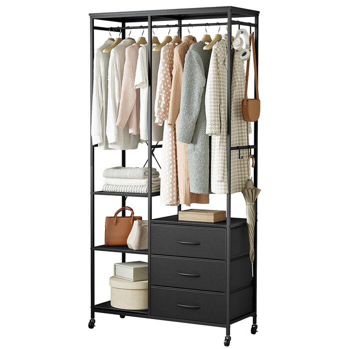 Штанга для одягу, міцна, для шафи - окремостояча портативна шафа-гардероба з колесами, дерев&39яною стільницею, сталевим каркасом, тканинними висувними ящиками та регульованими полицями, чорна