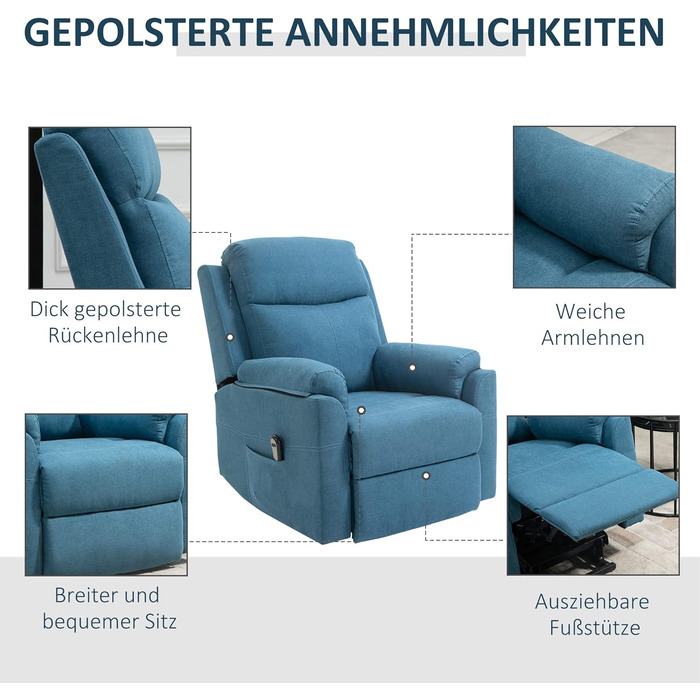 Електричне крісло-реклайнер HOMCOM з підйомником, розкладне крісло з пультом дистанційного керування, бічна кишеня, пружинна основа з кишеньковим механізмом, лляний вигляд, синій, без функції масажу