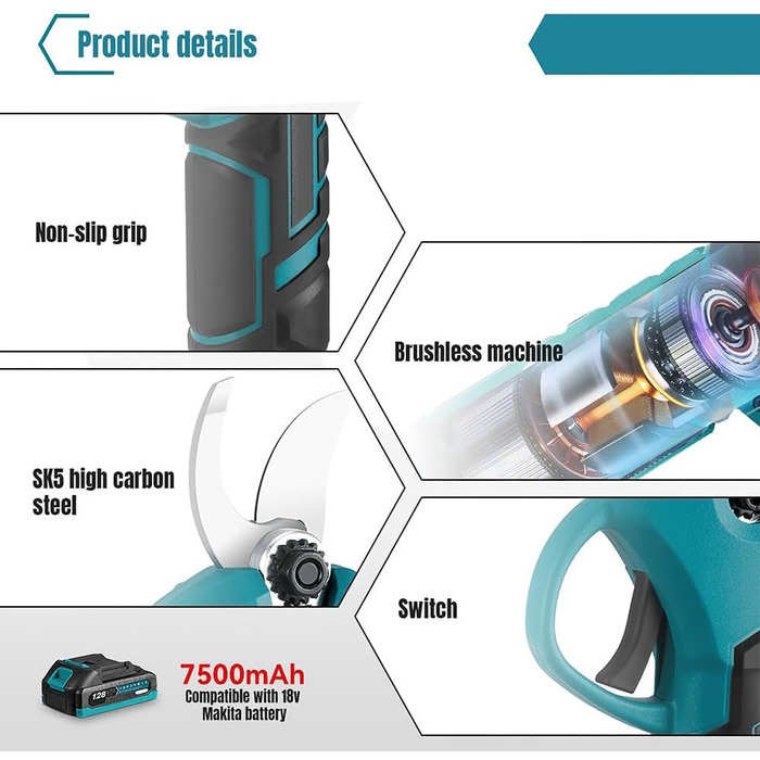 Акумуляторні садові ножиці для акумуляторів Makita 18V, електричні садові ножиці 30 мм, електричні садові ножиці з 2 акумуляторами ємністю 7500 мАг, садові ножиці з дисплеєм, бездротові садові ножиці для садівництва та обрізки дерев