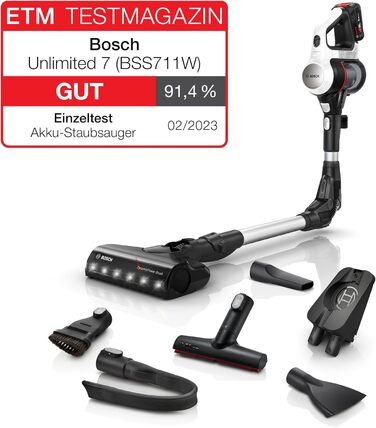 Акумуляторний пилосос Bosch Unlimited 7 BSS711W, акумуляторний вертикальний пилосос, без мішка, акумуляторна батарея, гнучка трубк