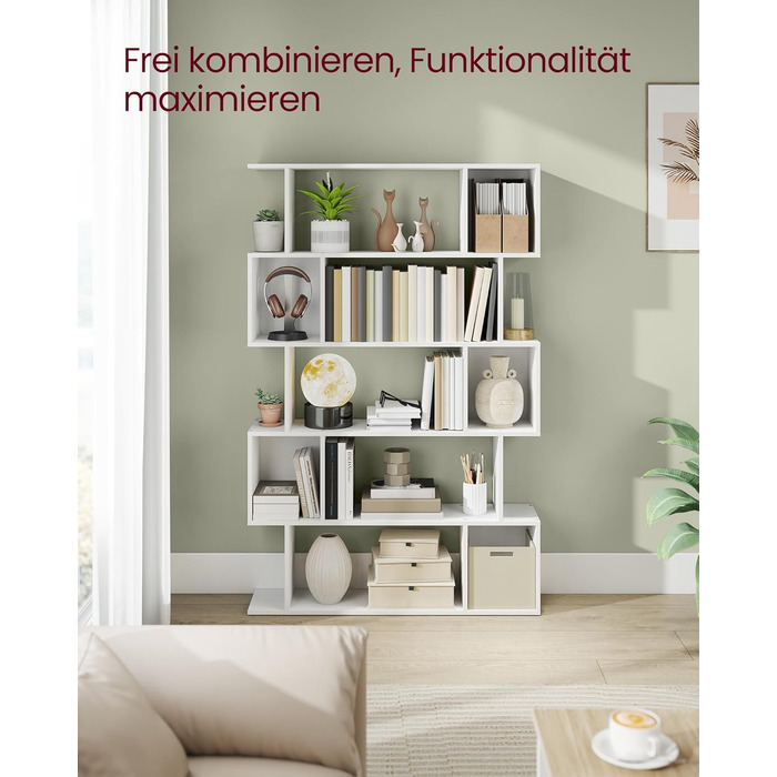 Рівнева книжкова полиця, окремостояча полиця, 24 x 90 x 159 см, полиця для зберігання з відкритими відділеннями, для вітальні, спальні, кабінету, матово-білий LBC416W01, 5-