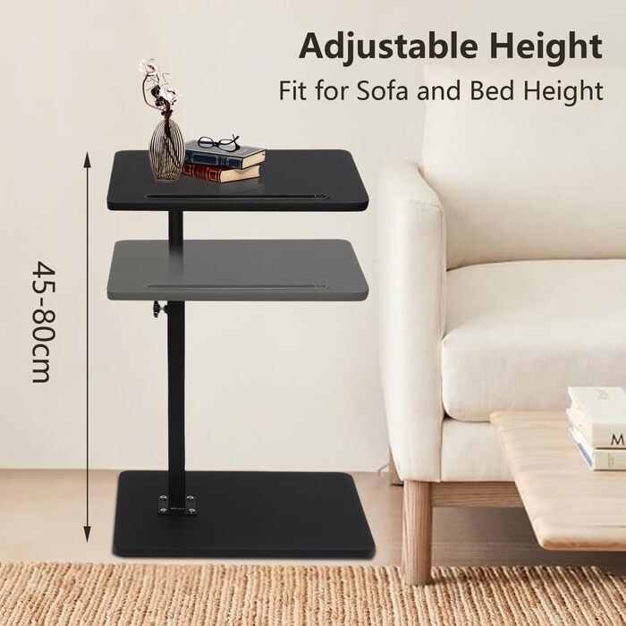 С-подібний приставний столик Simcat, поворотний на 360 градусів, регульований по висоті, підлокітник для дивана, приставний столик для перекусів біля ліжка або крісла з відсіком для мобільного телефону/планшета (чорний)
