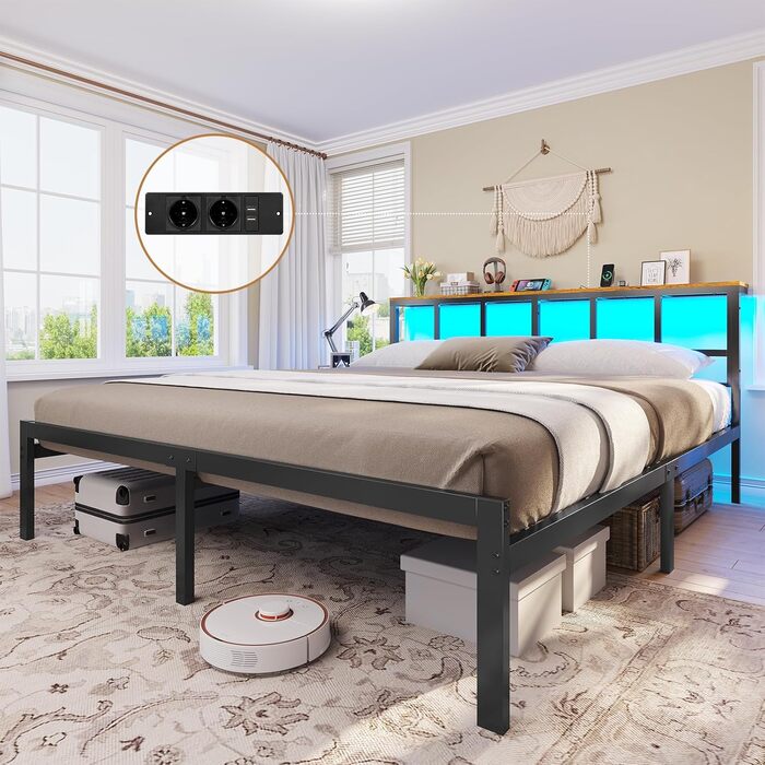Ліжко 180x200 з металевою рейковою основою, каркас ліжка 180x200 см зі світлодіодним освітленням, зарядна станція (2 розетки змінного струму, 2 USB-порти), металеве ліжко 180x200 см з узголів&39ям та місцем для зберігання речей, двоспальне ліжко