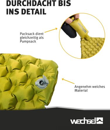 Килимок для сну Wechsel для трекінгу Coreo I 195 x 62 x 7,5 см I Термокилимок з системою подвійних повітряних камер I Теплоізоляційний кемпінговий килимок I Надувний матрац для кемпінгу, велоспорту, бушкрафту та трекінгу