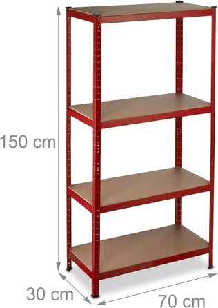 Полиця для зберігання Relaxdays High-Tech 150x70x30 см, 4 полиці, сталь, червоний Вантажопідйомність 700 кг, полиця для підвалу, гаража, вставна збірка