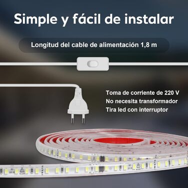 Світлодіодна стрічка 5M Супер яскрава водонепроникна стрічка IP67 з перемикачем, світлодіодна стрічка 230 вольт тепла біла 5 метрів (5, ) (холодний білий, 10,0 метрів)