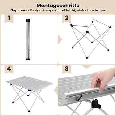 Алюмінієвий складаний кемпінговий стіл WOLTU, ультралегкий портативний з сумкою для перенесення, маленький дорожній столик, бічний столик для кемпінгу, пікніків, риболовлі на свіжому повітрі, 68 x 46 x 40 см, сріблястий