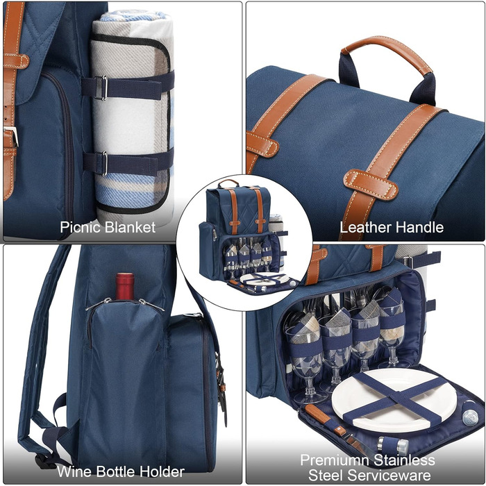 Рюкзак для пікніка на 4 особи з великою ізольованою сумкою-холодильником, набором кошика для пікніка з сумкою для вина, водонепроникною ковдрою для пікніка та набором столових приборів. Ідеально підходить для кемпінгу, весільний подарунок для пар, синій.