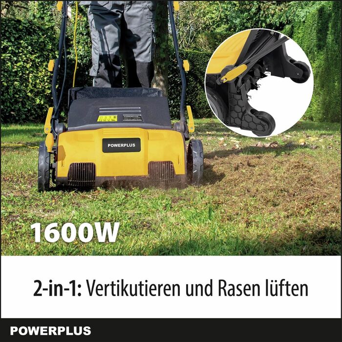 Електричний аератор газону POWXG75160, 1600 Вт, ширина захвату 360 мм 2-в-1 вентилятор та аератор для вашого саду